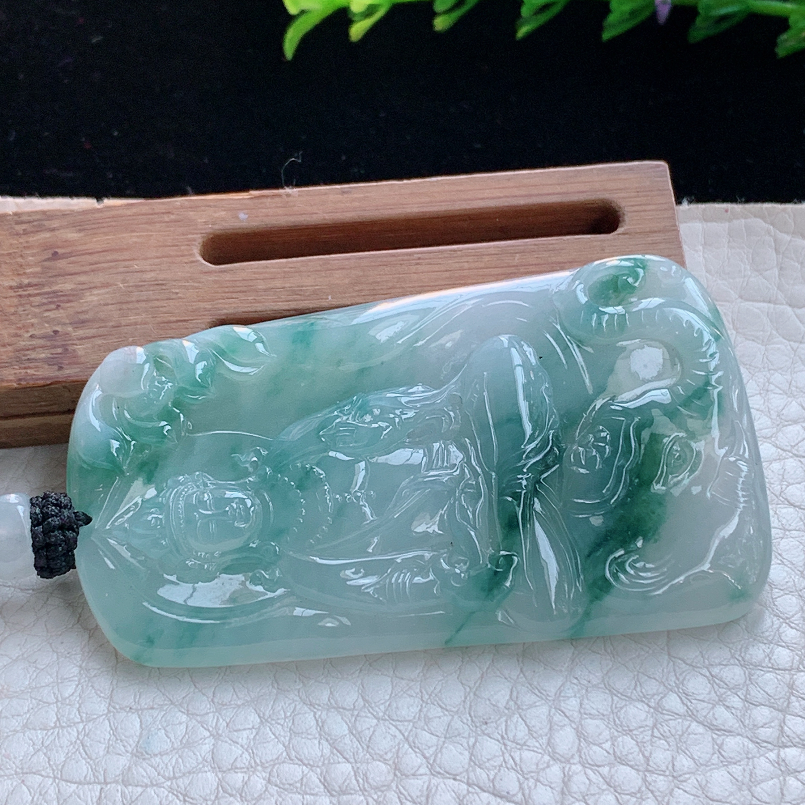 yl实拍66.5*38*5.8缅甸天然翡翠a货冰飘花生肖守护神普贤菩萨玉项坠 玉挂件