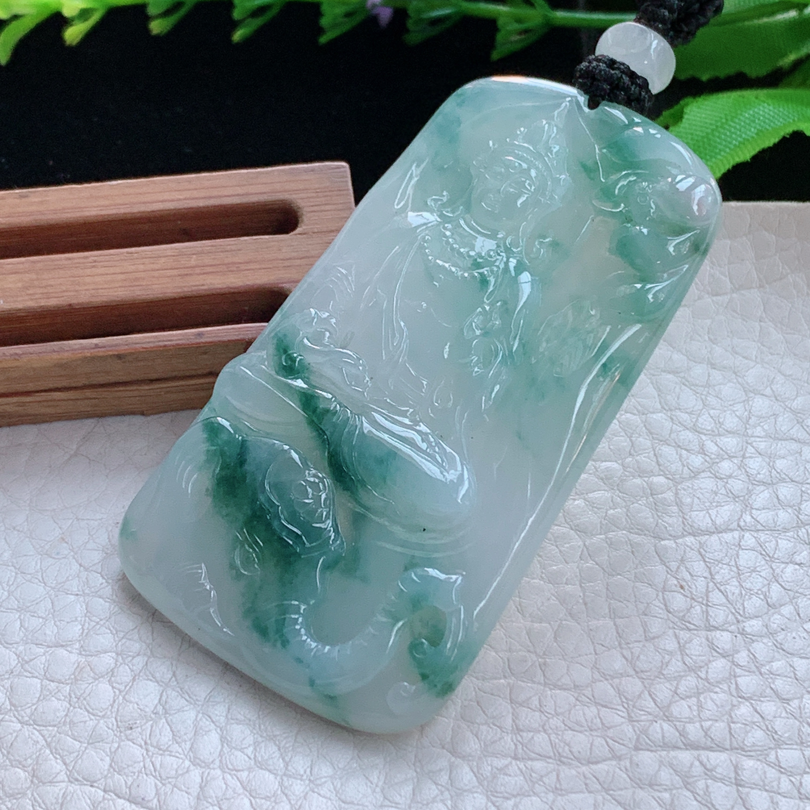 yl实拍66.5*38*5.8缅甸天然翡翠a货冰飘花生肖守护神普贤菩萨玉项坠 玉挂件