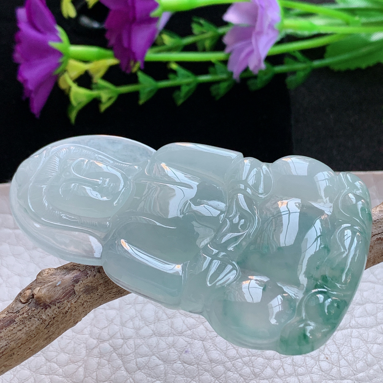 ktj实拍69.5*41.5*5.8缅甸天然翡翠a货冰飘花正庄观音玉项坠 玉挂件