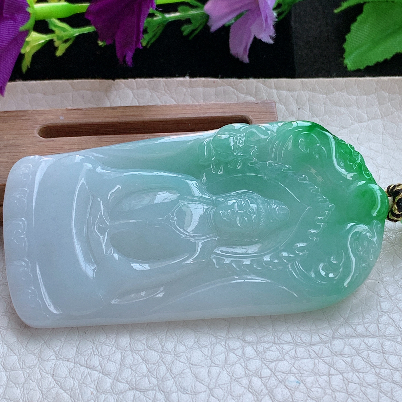 yl实拍73.8*39*5.2缅甸天然翡翠a货清新御凤观音玉项坠 玉挂件