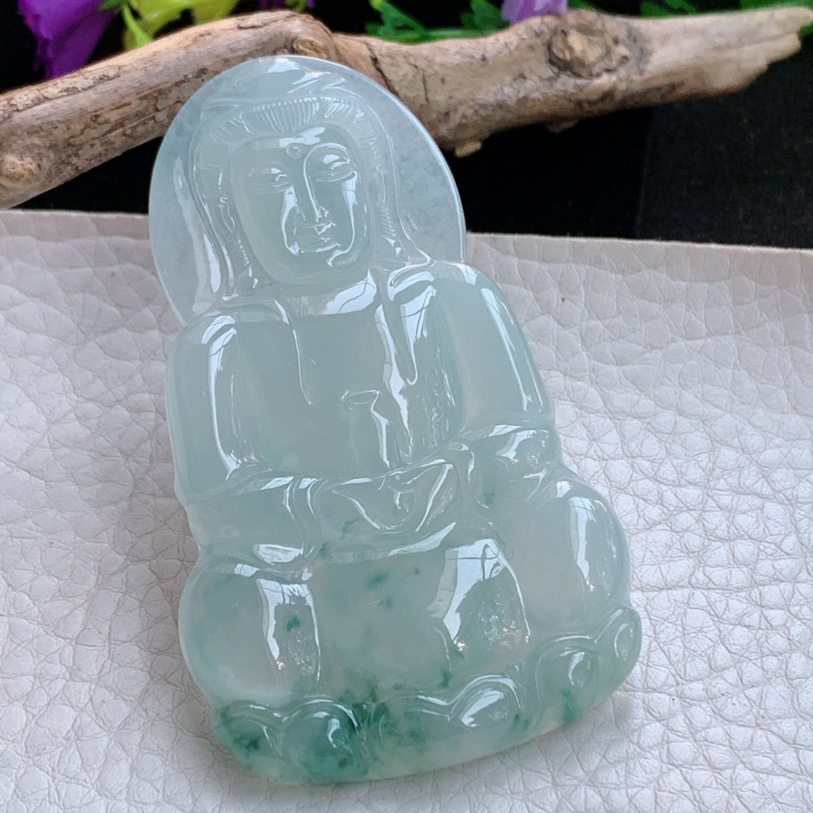 ktj实拍69.5*41.5*5.8缅甸天然翡翠a货冰飘花正庄观音玉项坠 玉挂件