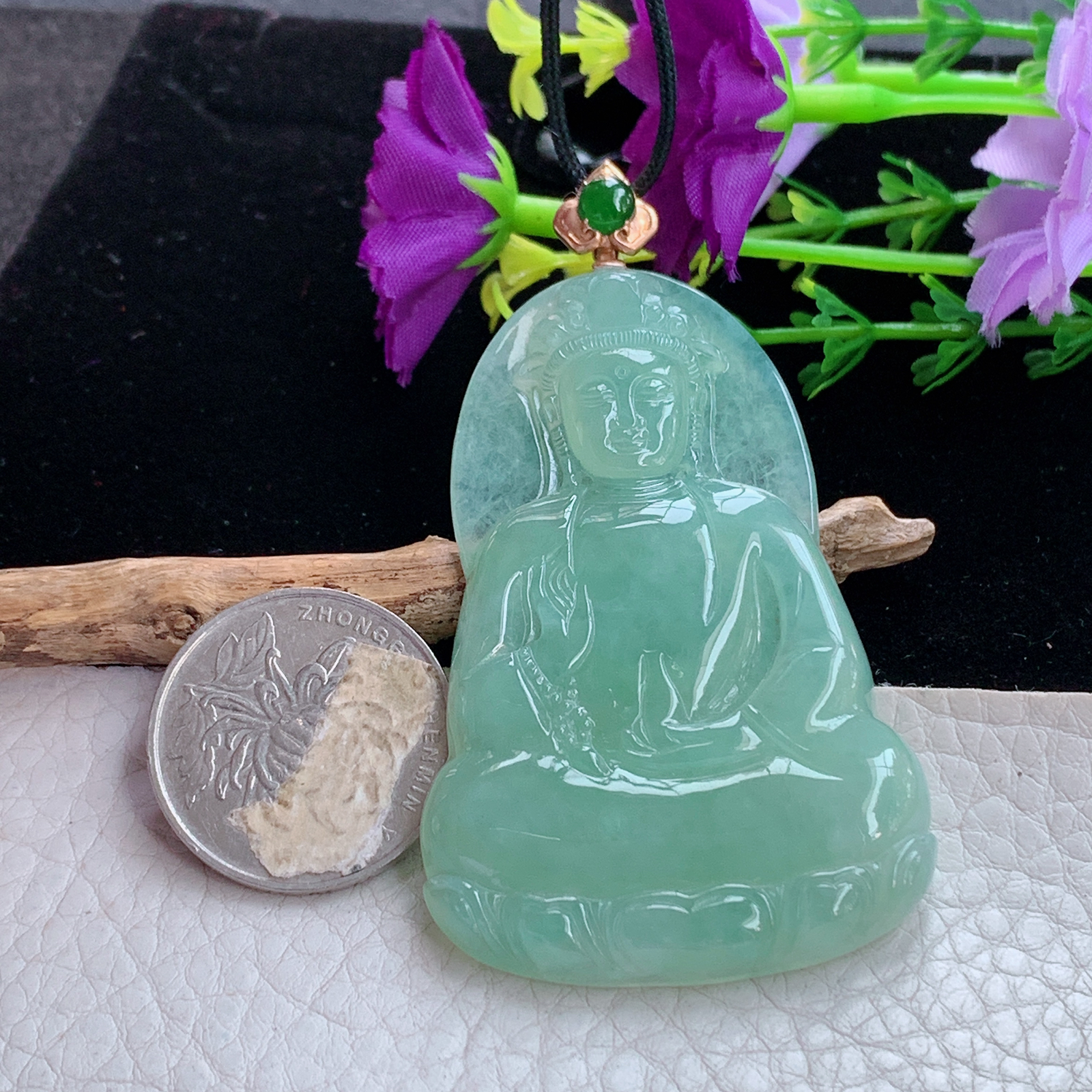 gp实拍62.5*40*5.5缅甸翡翠a货精雕冰绿正庄观音 玉观音玉吊坠 玉挂件