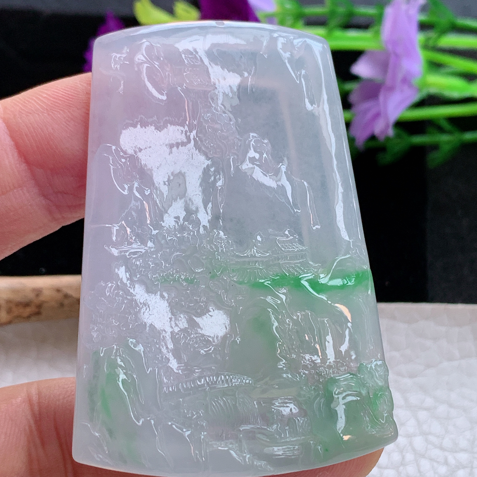 gp实拍60.5*41.5*5.5缅甸翡翠a货精雕冰飘阳绿山水 大好河山玉吊坠 玉挂件