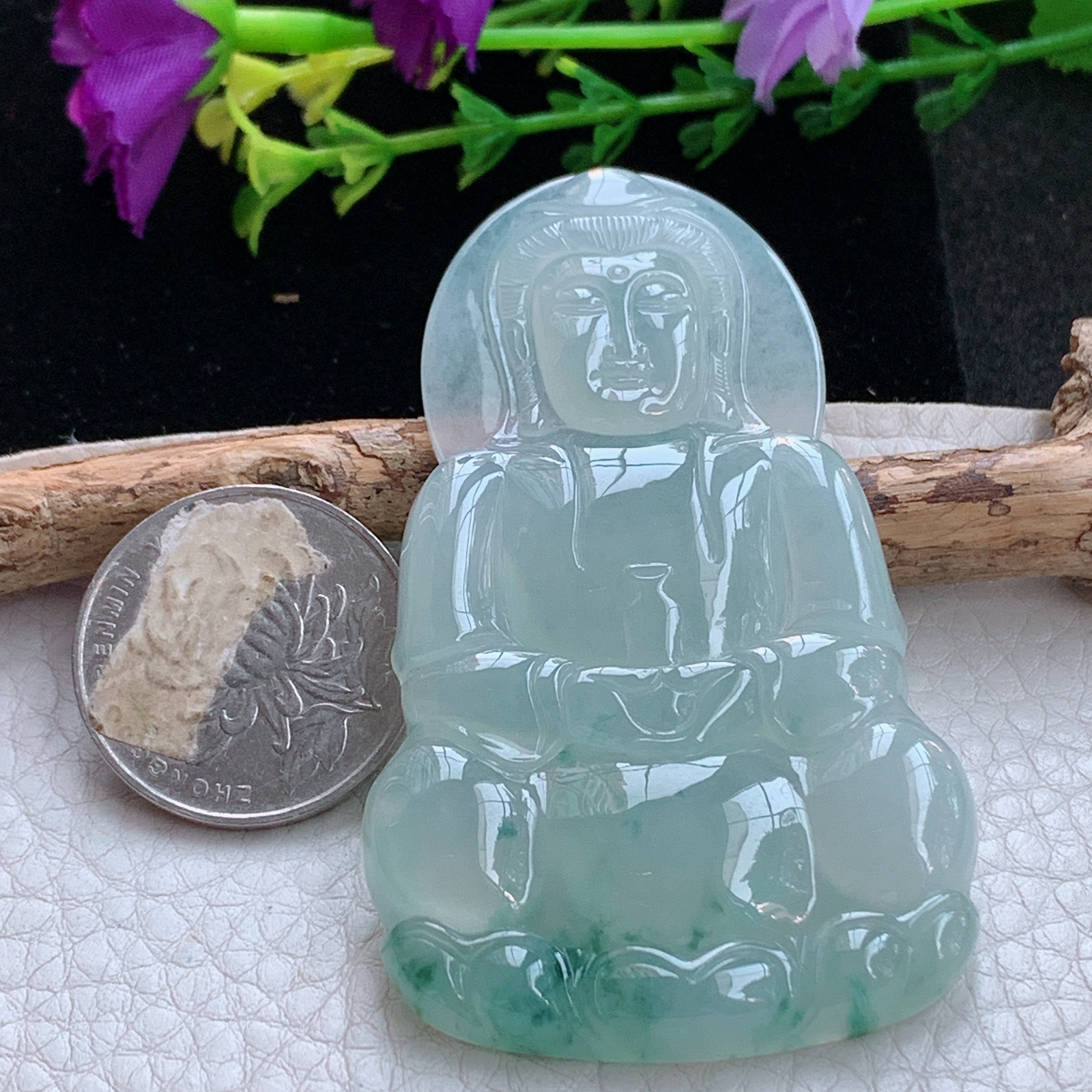 ktj实拍69.5*41.5*5.8缅甸天然翡翠a货冰飘花正庄观音玉项坠 玉挂件