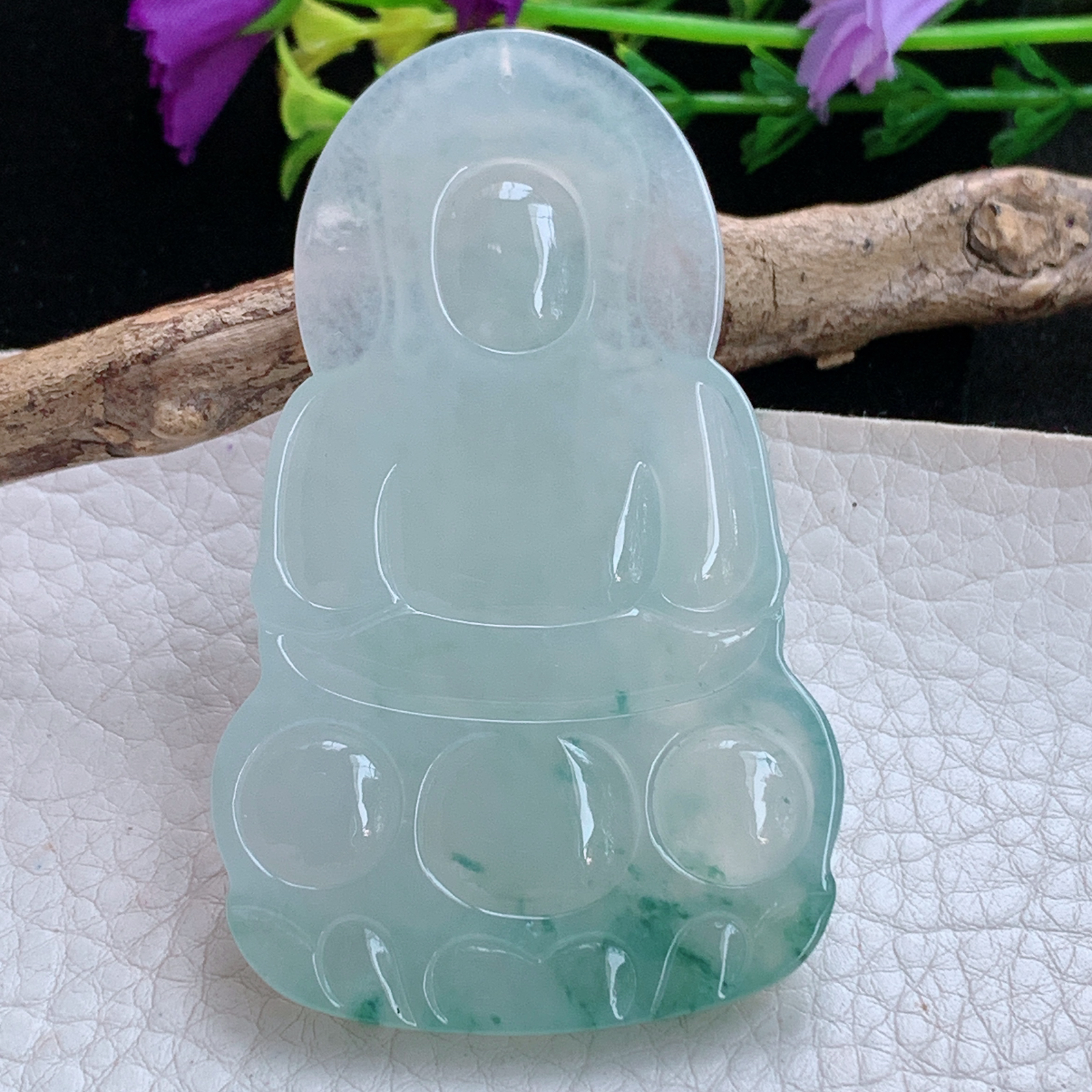 ktj实拍69.5*41.5*5.8缅甸天然翡翠a货冰飘花正庄观音玉项坠 玉挂件