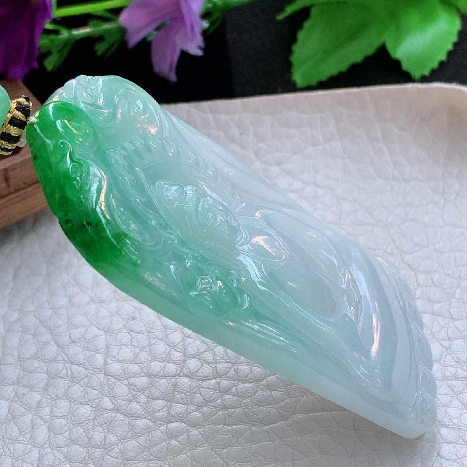 yl实拍73.8*39*5.2缅甸天然翡翠a货清新御凤观音玉项坠 玉挂件