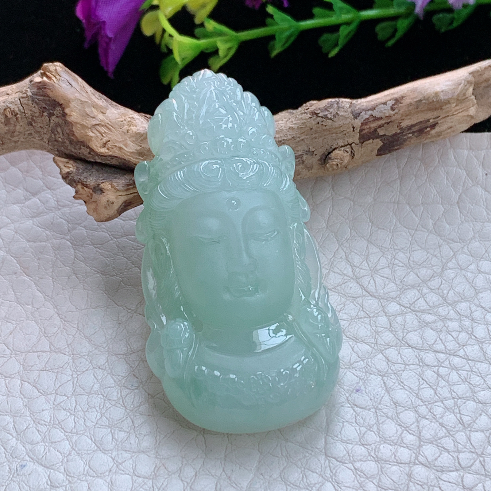 ktj实拍53.2*28*12.2缅甸天然翡翠a货冰绿观音首 观音头玉项坠 玉挂件