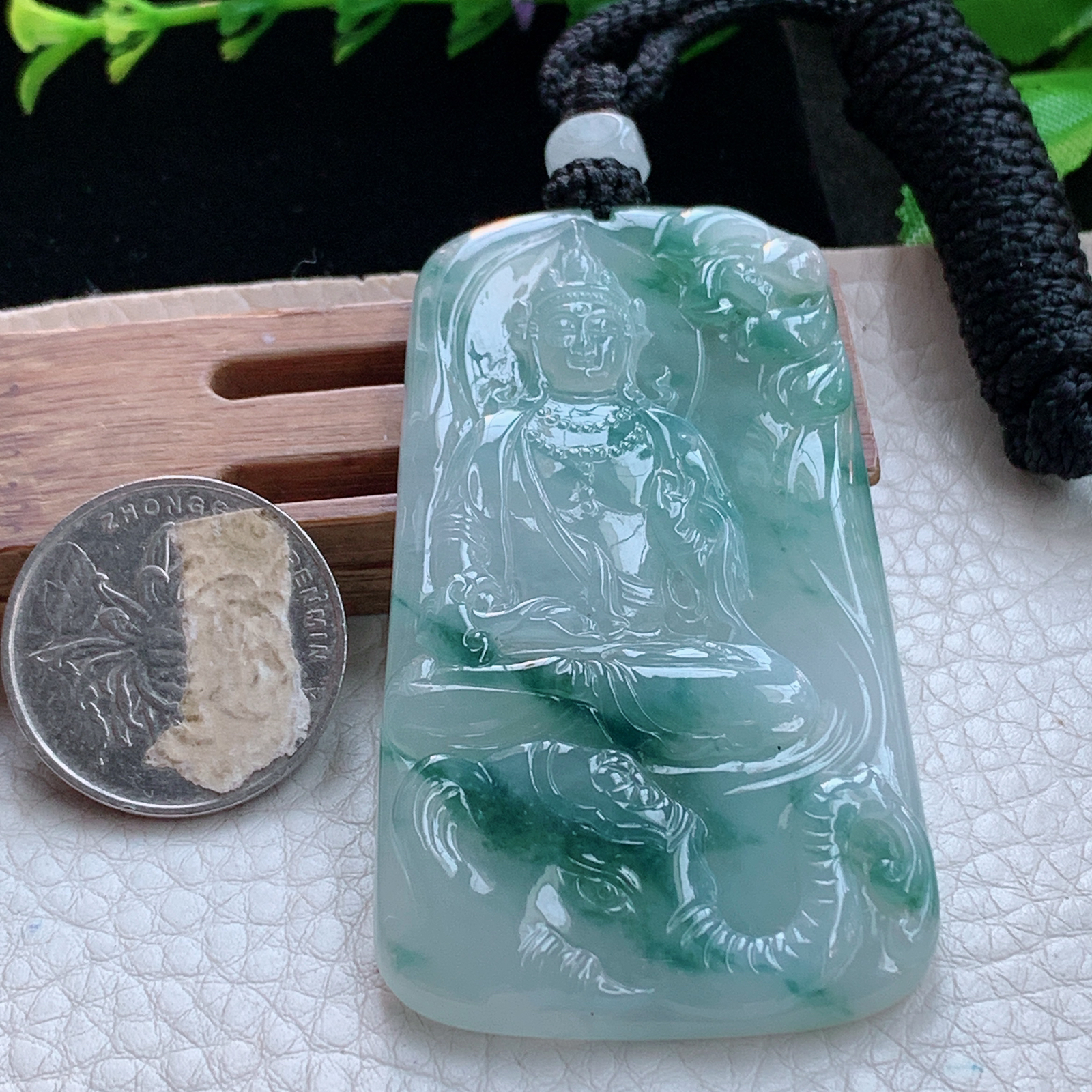 yl实拍66.5*38*5.8缅甸天然翡翠a货冰飘花生肖守护神普贤菩萨玉项坠 玉挂件