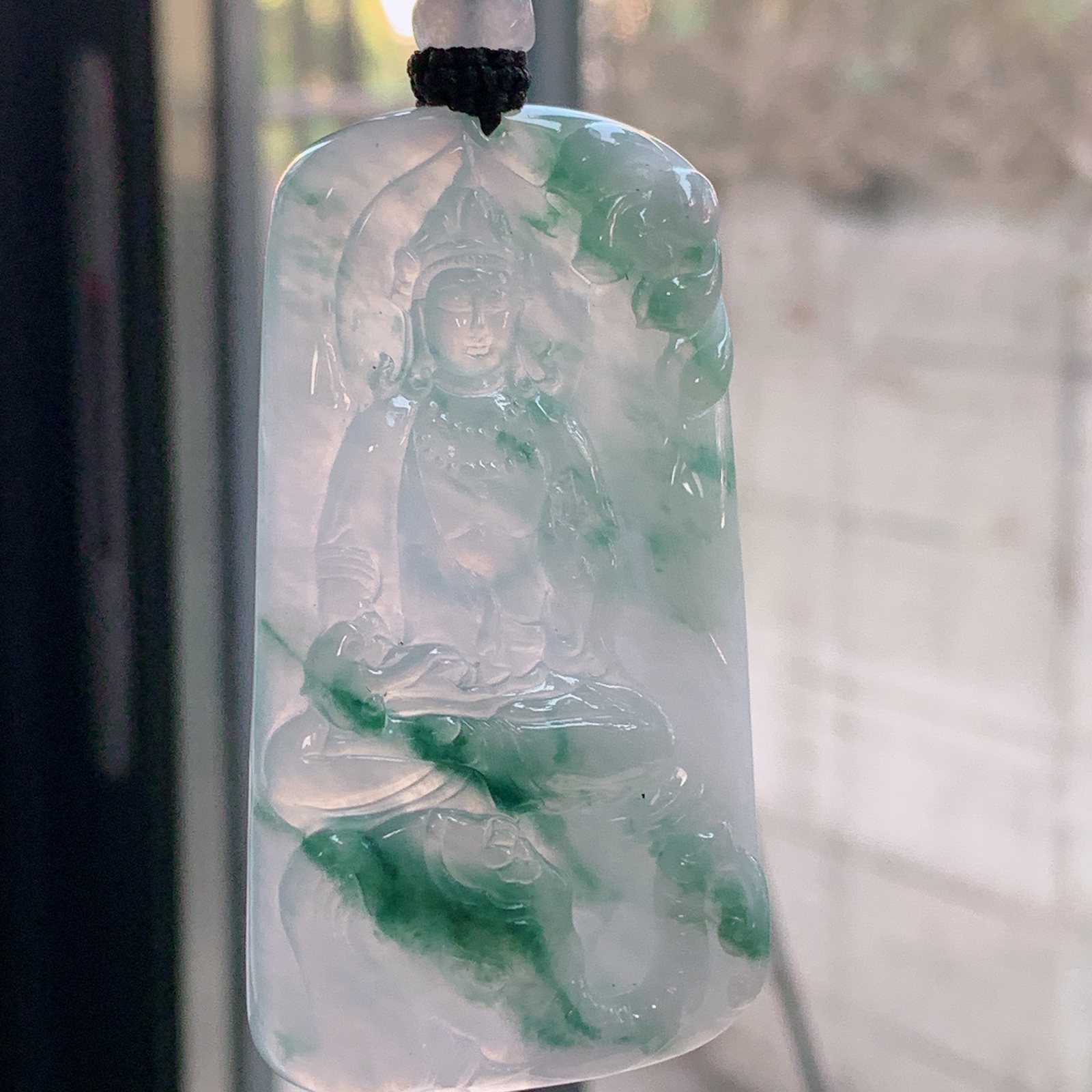 yl实拍66.5*38*5.8缅甸天然翡翠a货冰飘花生肖守护神普贤菩萨玉项坠 玉挂件