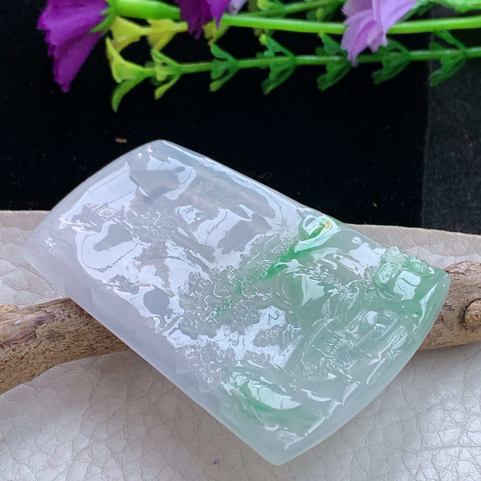 gp实拍60.5*41.5*5.5缅甸翡翠a货精雕冰飘阳绿山水 大好河山玉吊坠 玉挂件