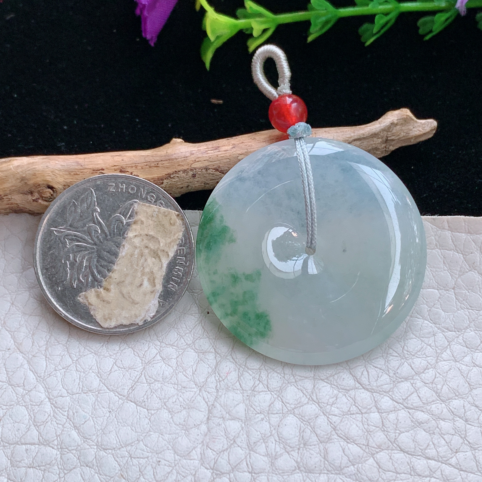 gp实拍35.2*5.5缅甸翡翠a货精雕冰飘花大平安扣 玉扣玉吊坠 玉挂件