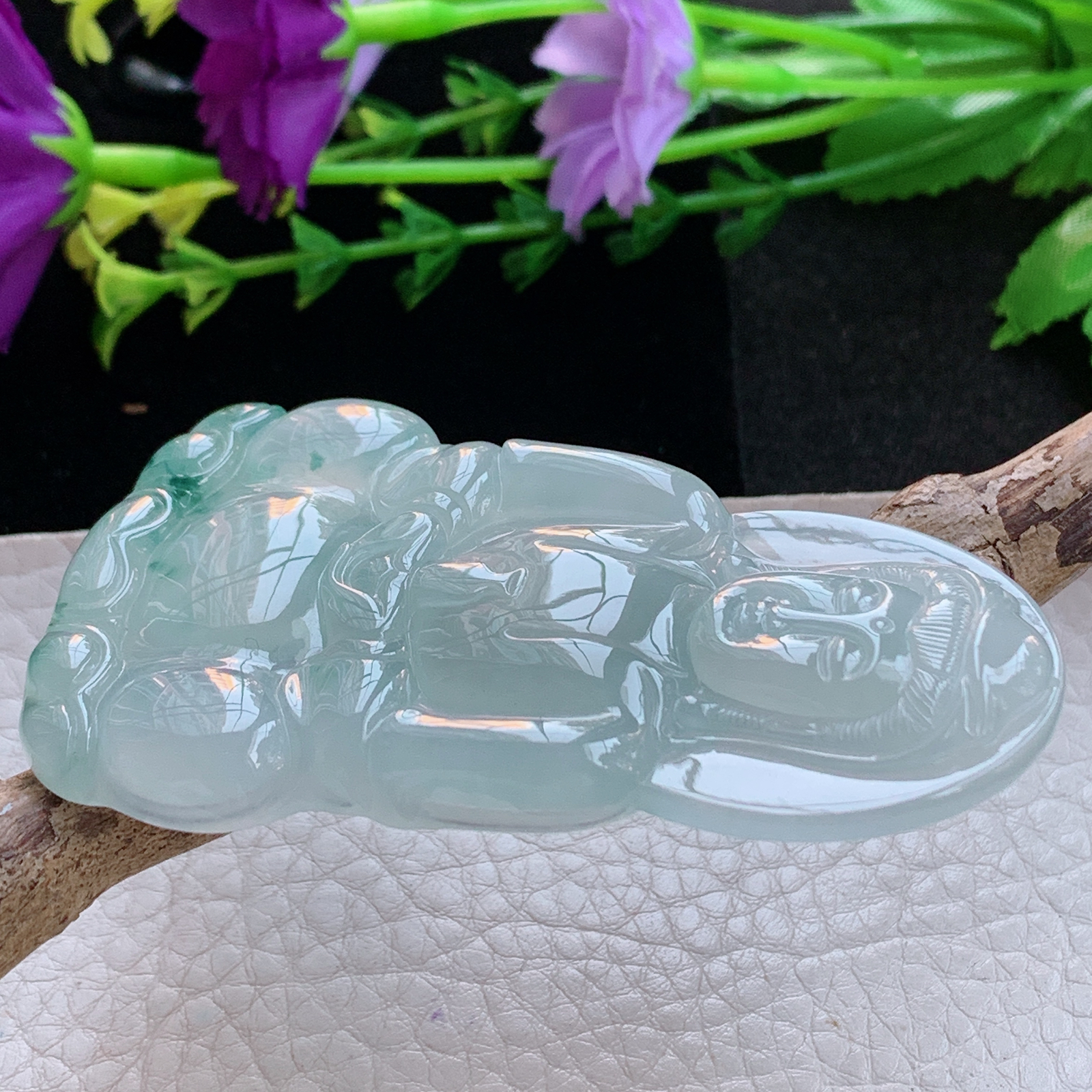 ktj实拍69.5*41.5*5.8缅甸天然翡翠a货冰飘花正庄观音玉项坠 玉挂件