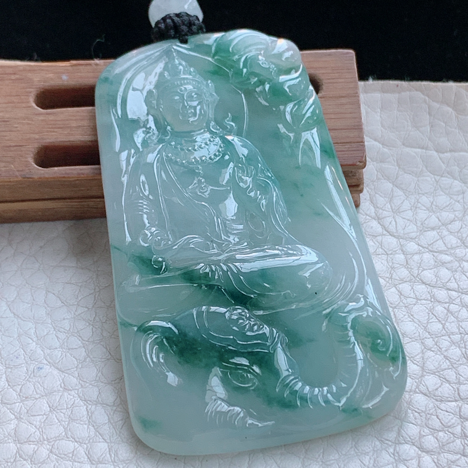 yl实拍66.5*38*5.8缅甸天然翡翠a货冰飘花生肖守护神普贤菩萨玉项坠 玉挂件