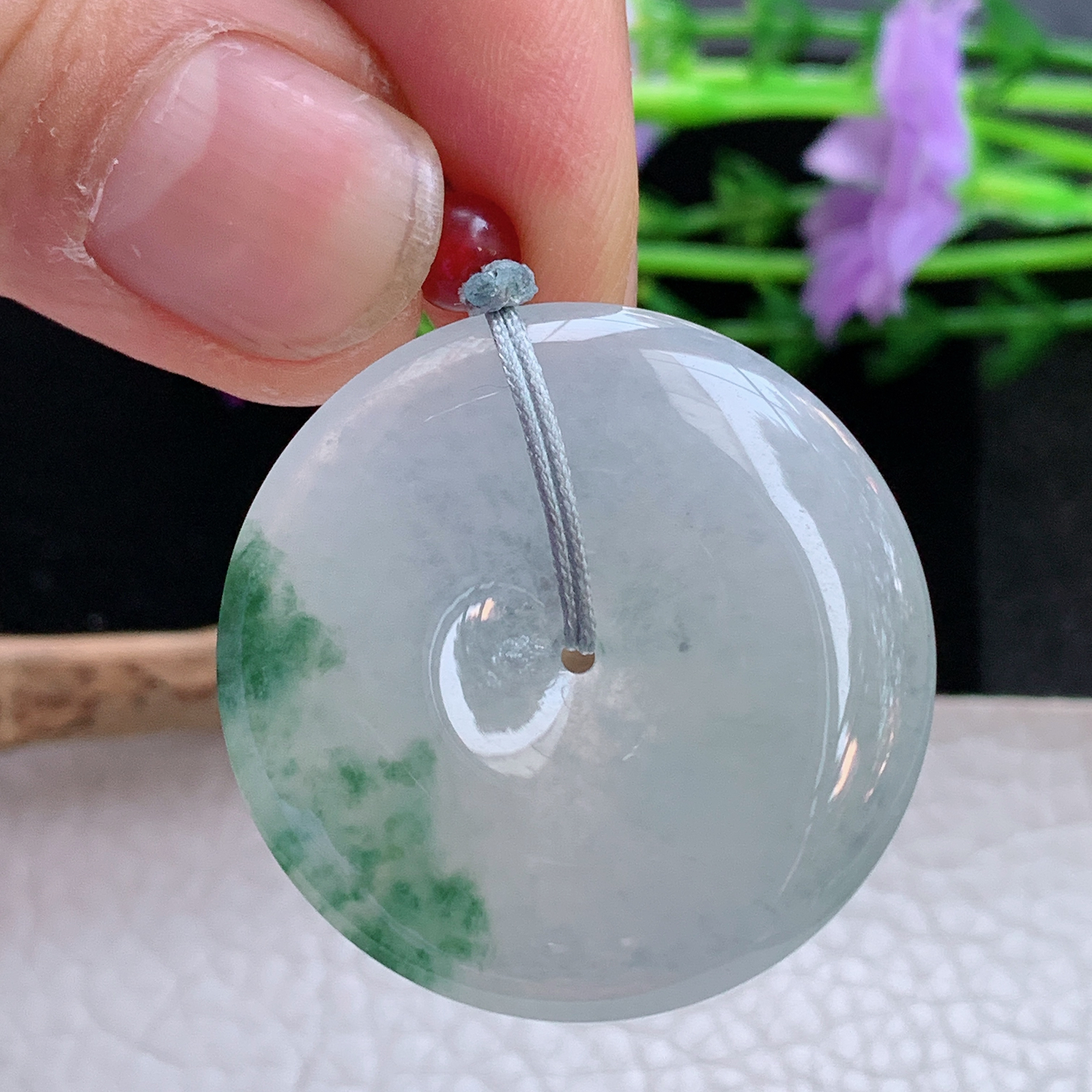 gp实拍35.2*5.5缅甸翡翠a货精雕冰飘花大平安扣 玉扣玉吊坠 玉挂件