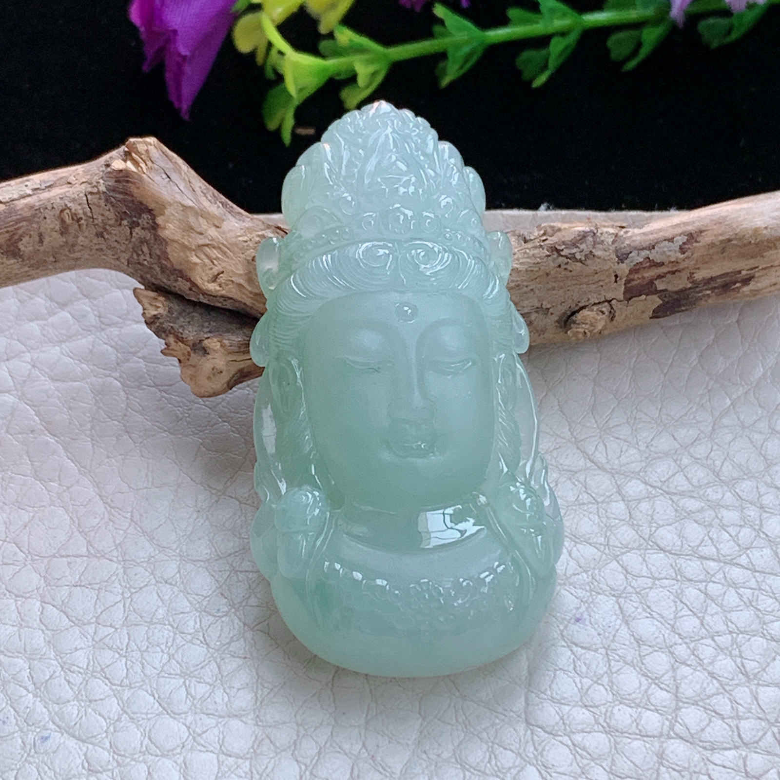 ktj实拍53.2*28*12.2缅甸天然翡翠a货冰绿观音首 观音头玉项坠 玉挂件