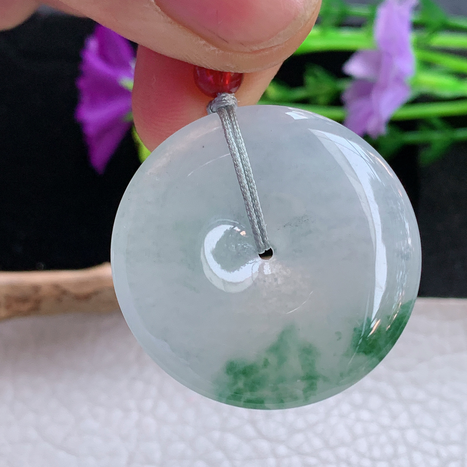 gp实拍35.2*5.5缅甸翡翠a货精雕冰飘花大平安扣 玉扣玉吊坠 玉挂件