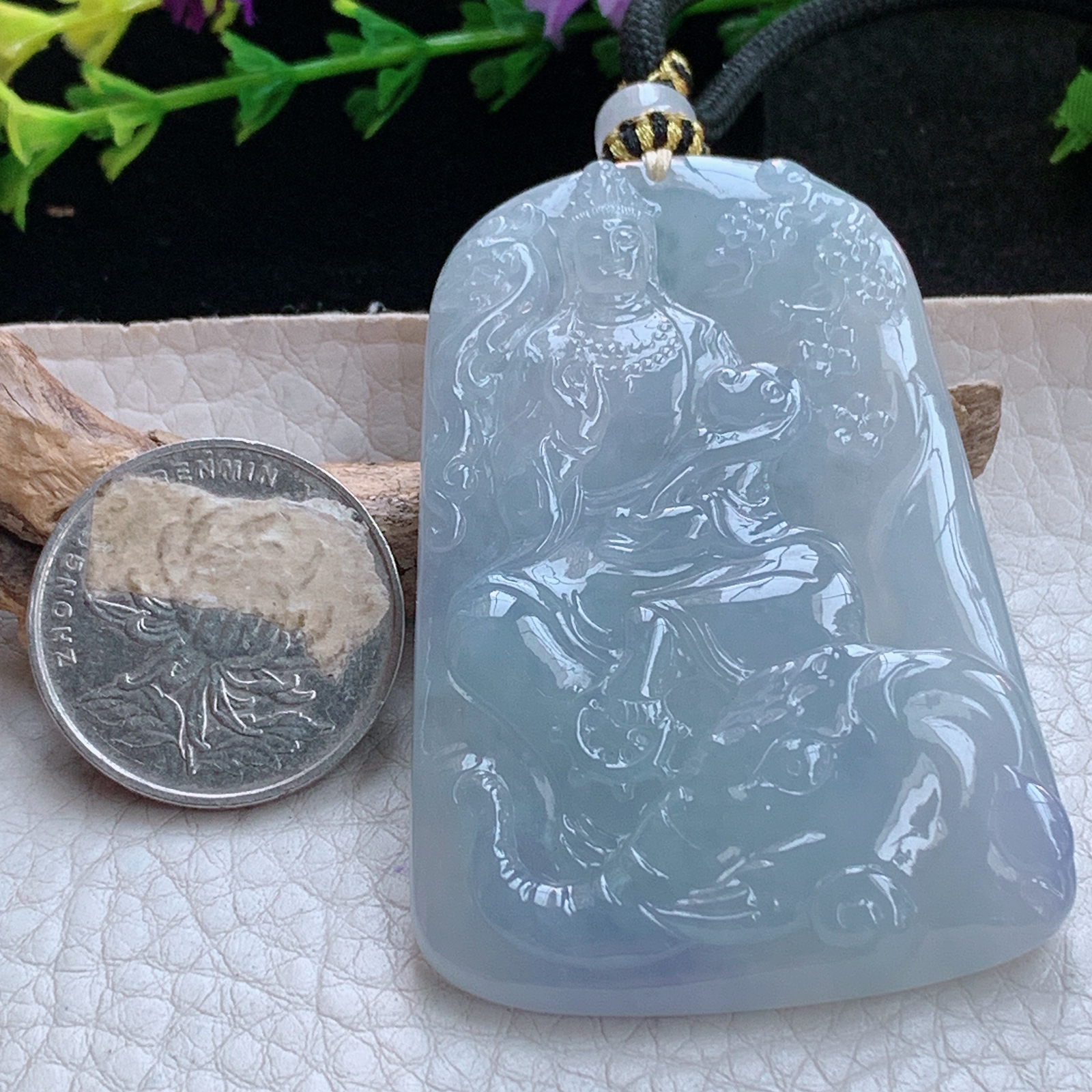 yl实拍61.6*41*6缅甸天然翡翠a货冰紫生肖守护神普贤菩萨玉项坠 玉挂件