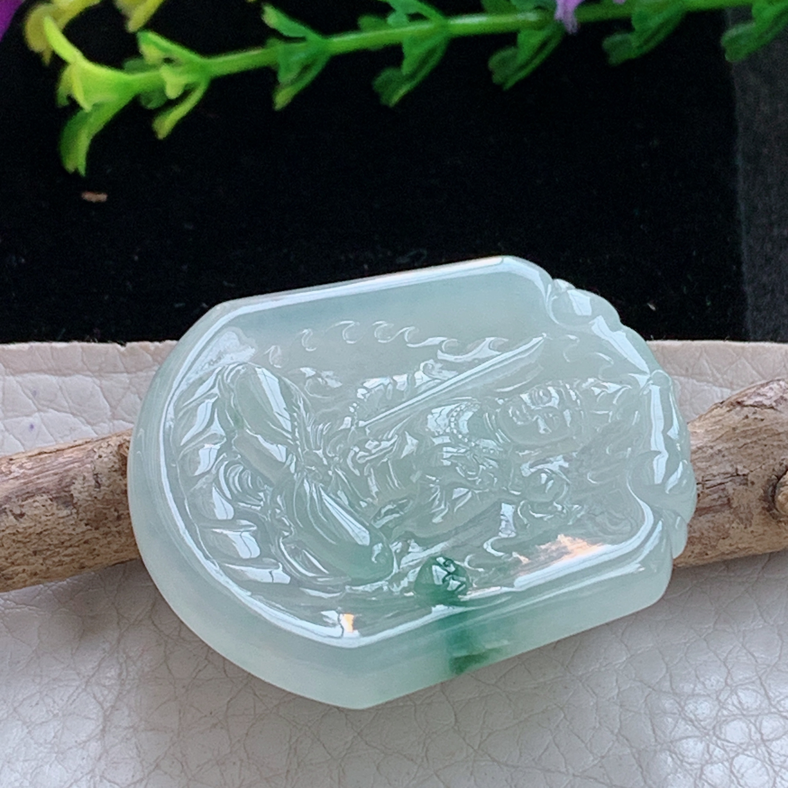 ktj实拍40.6*36*4.6缅甸天然翡翠a货冰飘花虚空藏玉项坠 玉挂件