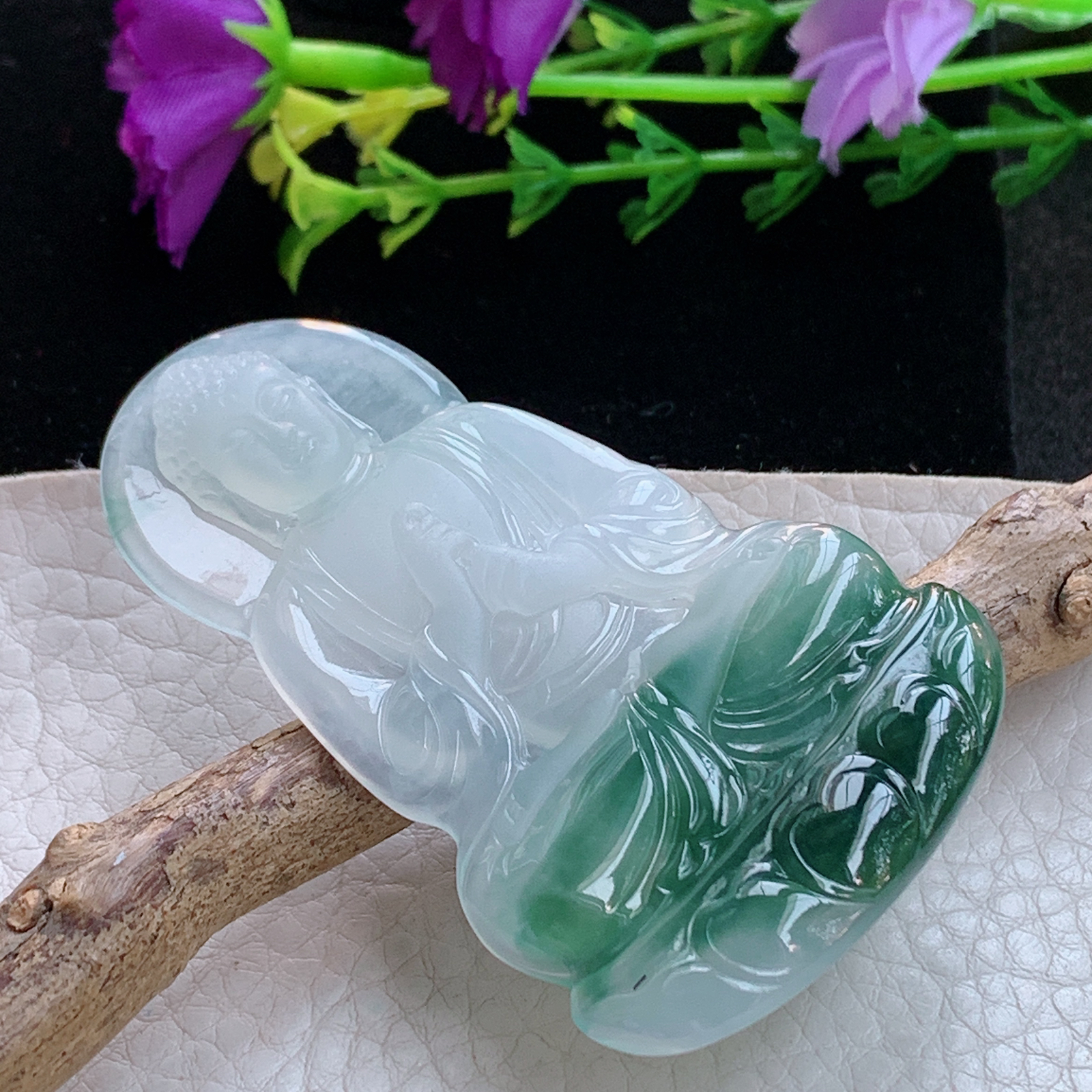 ktj实拍65*39.6*5.2缅甸天然翡翠a货冰飘花大日如来佛祖玉项坠 玉挂件