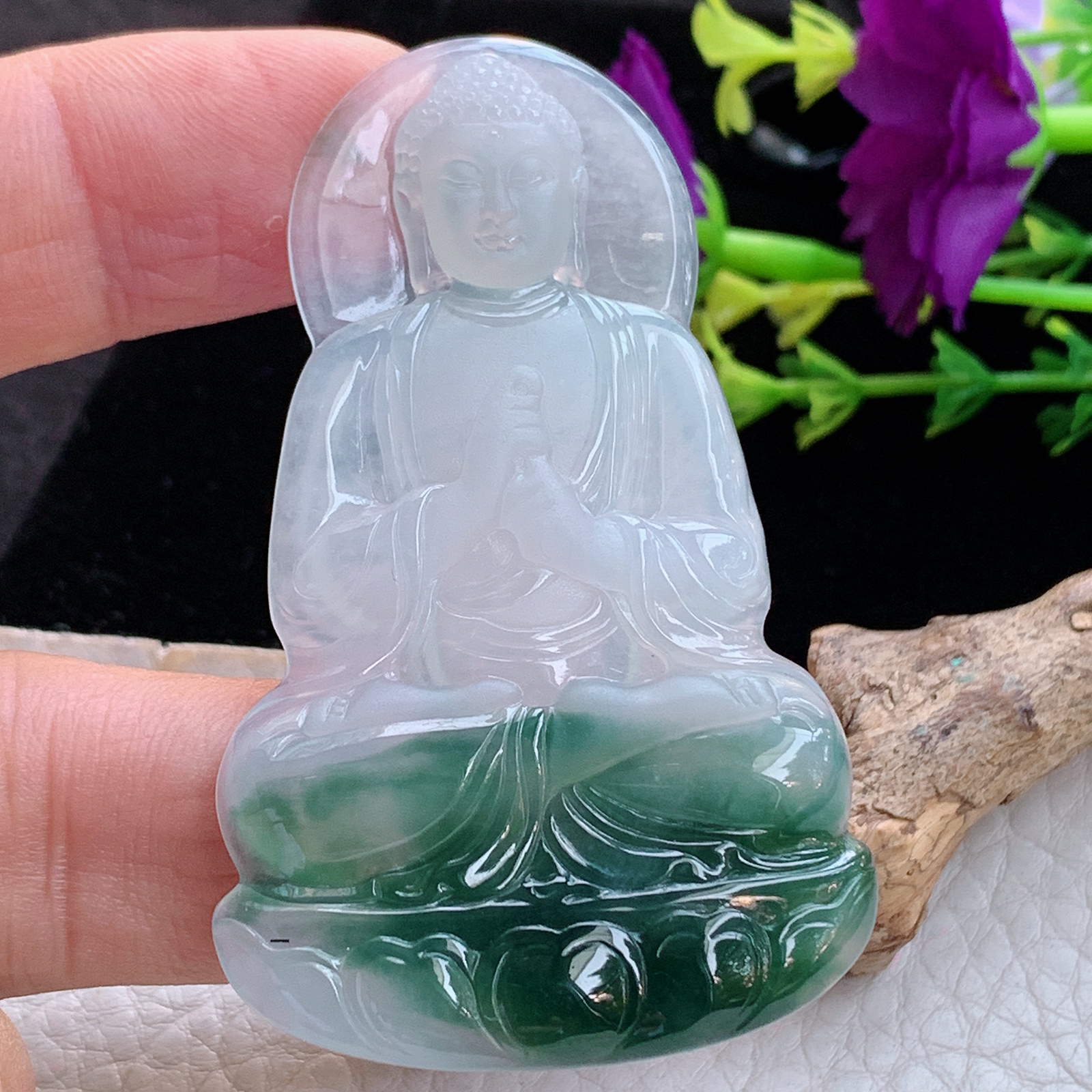 ktj实拍65*39.6*5.2缅甸天然翡翠a货冰飘花大日如来佛祖玉项坠 玉挂件