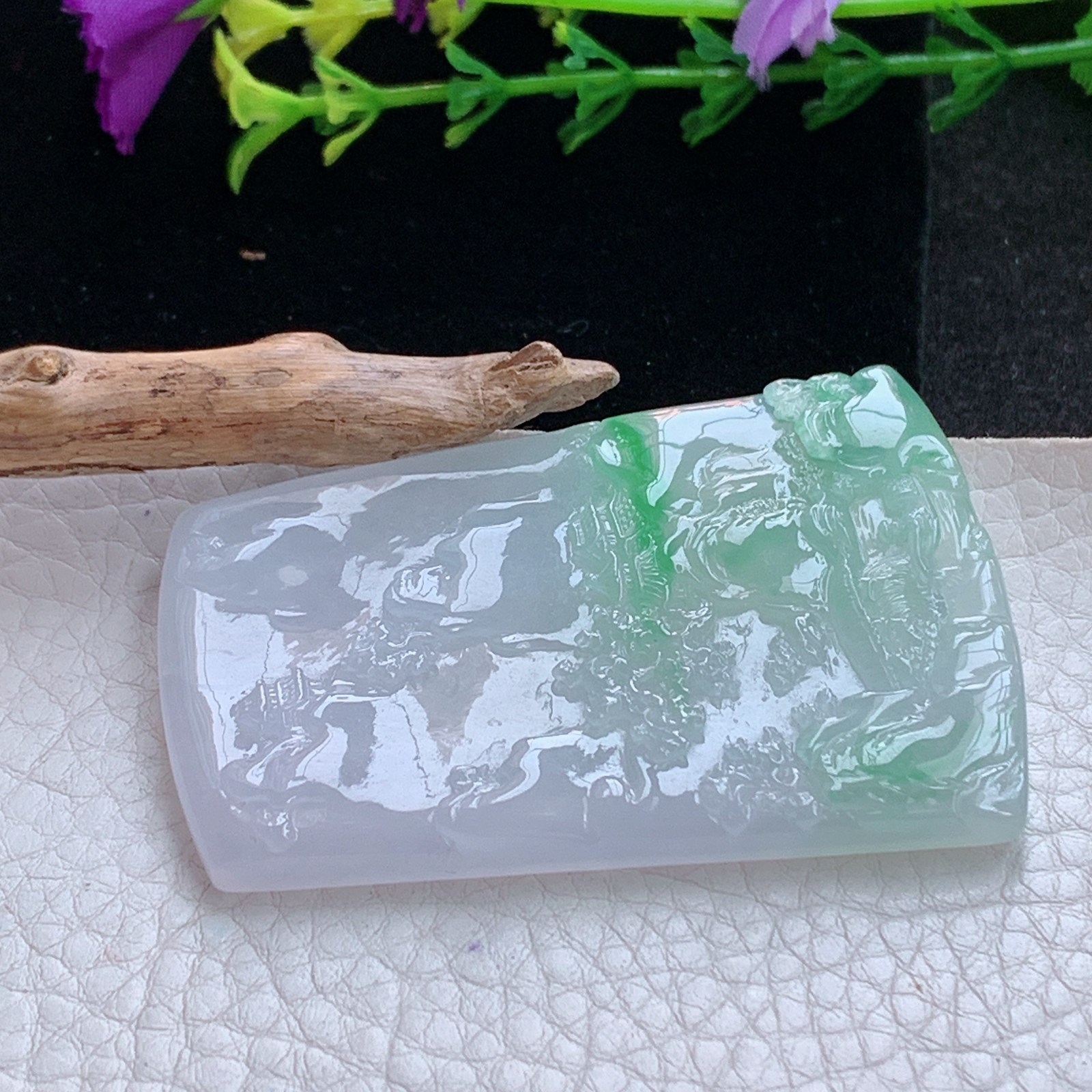 gp实拍60.5*41.5*5.5缅甸翡翠a货精雕冰飘阳绿山水 大好河山玉吊坠 玉挂件