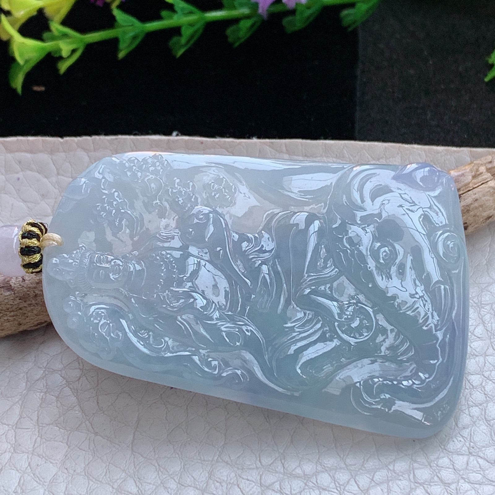 yl实拍61.6*41*6缅甸天然翡翠a货冰紫生肖守护神普贤菩萨玉项坠 玉挂件