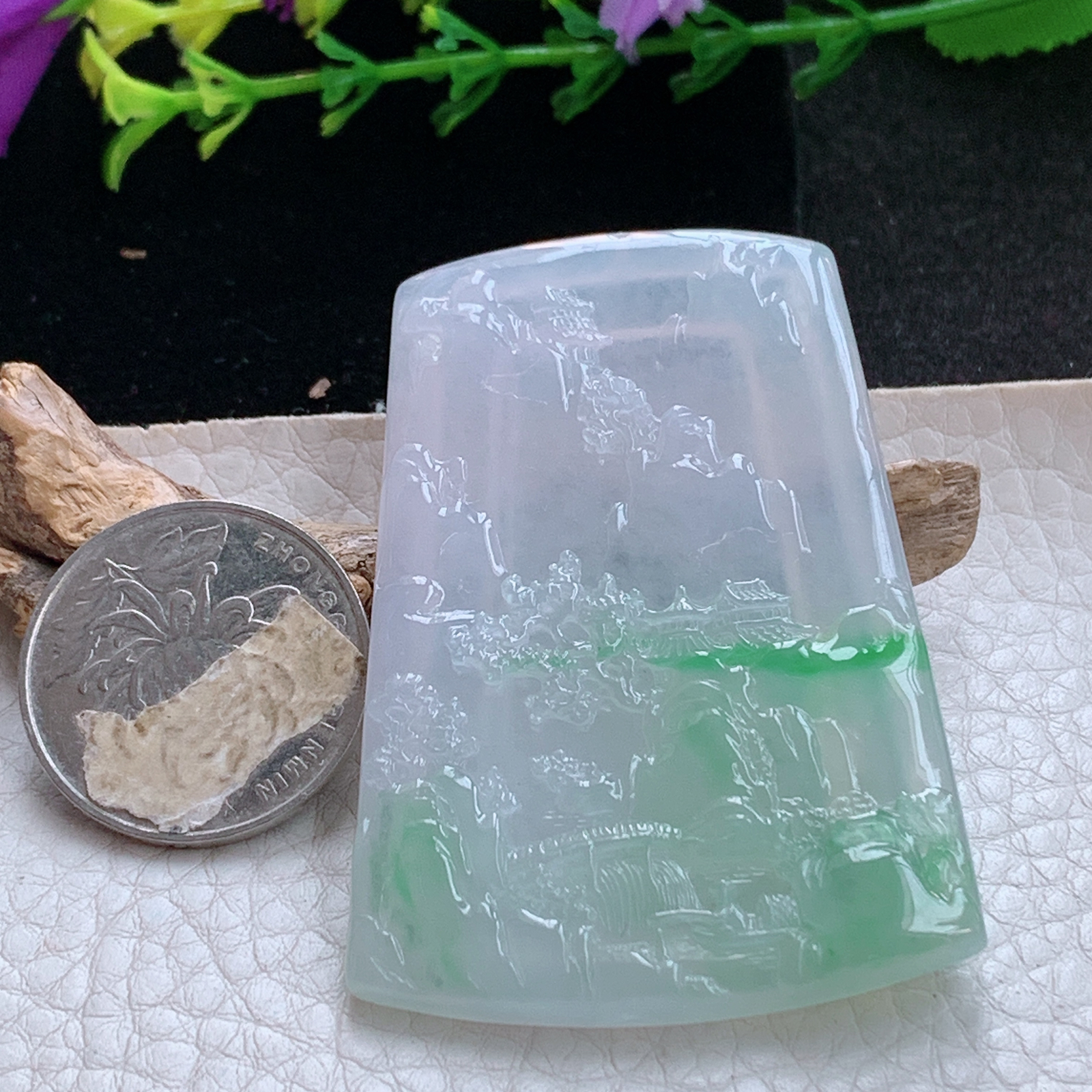 gp实拍60.5*41.5*5.5缅甸翡翠a货精雕冰飘阳绿山水 大好河山玉吊坠 玉挂件