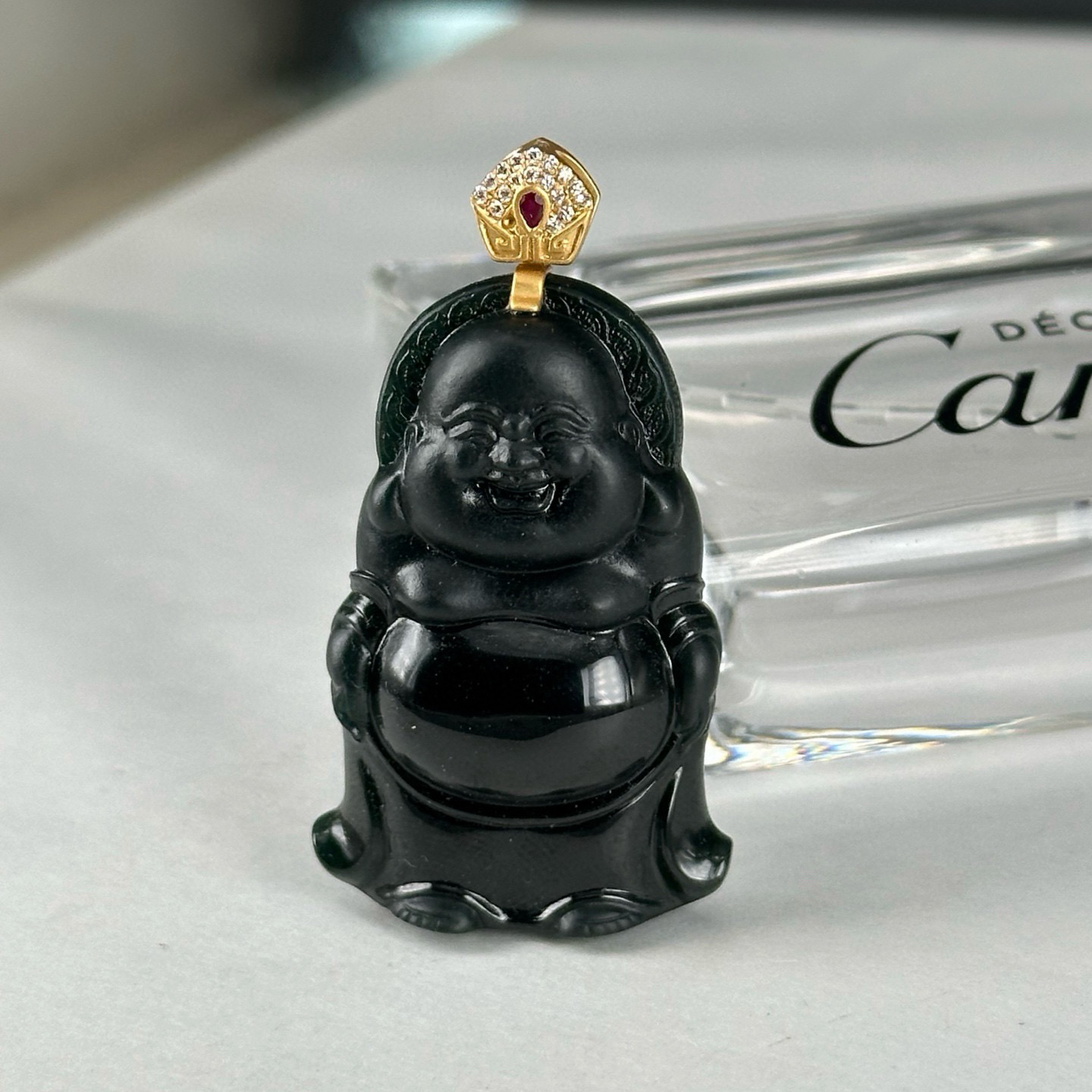 精品18k墨翠大肚站佛 种好色正 黑度好 打灯通透 油性十足