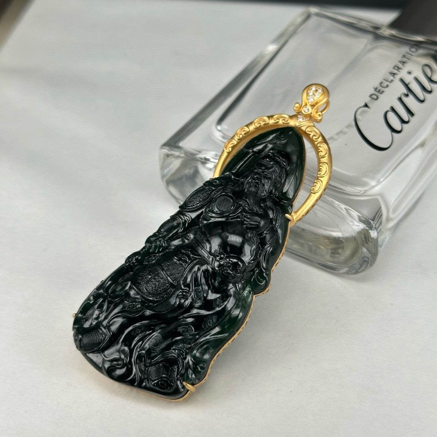 精品18k墨翠关公 种好色正 黑度极好 打灯通透 油性十足