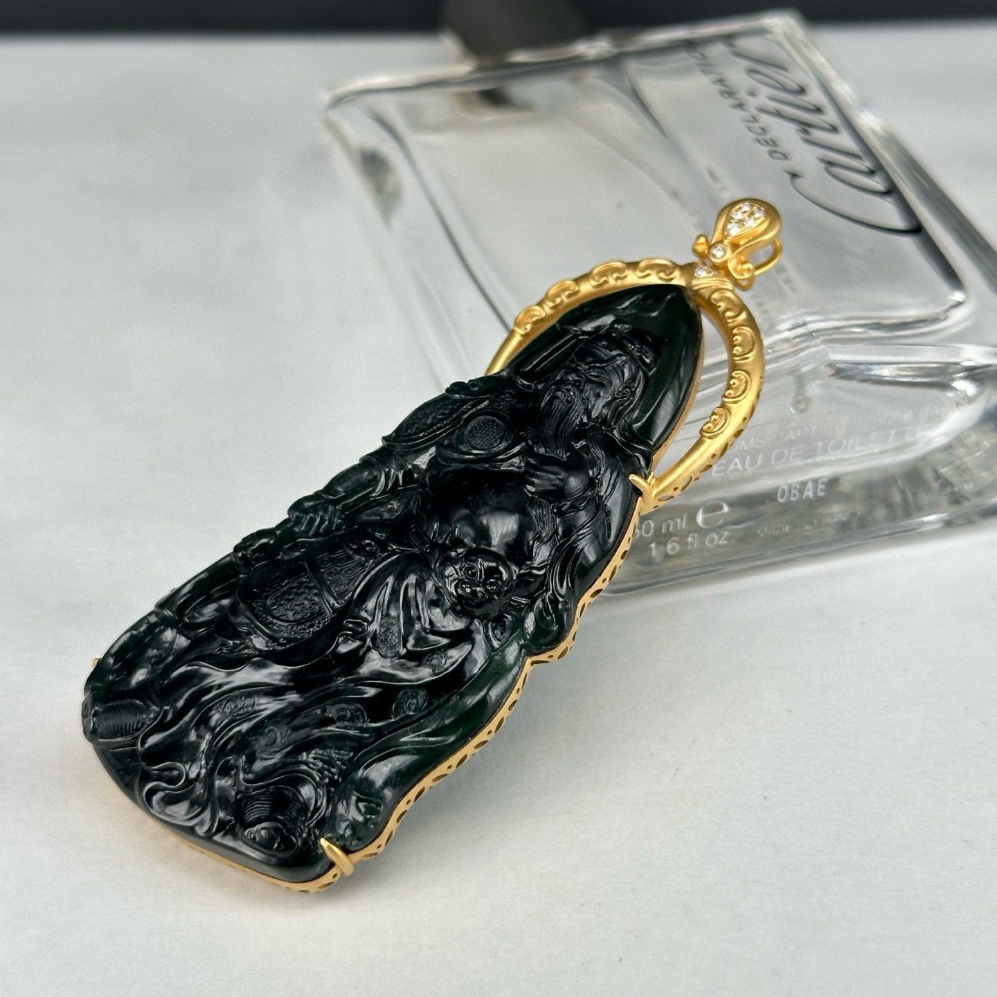 精品18k墨翠关公 种好色正 黑度极好 打灯通透 油性十足