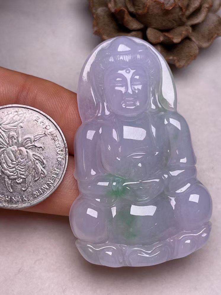 冰糯种淡紫飘绿【立体观音】吊坠，种水好，玉质细腻 ，卖相好.