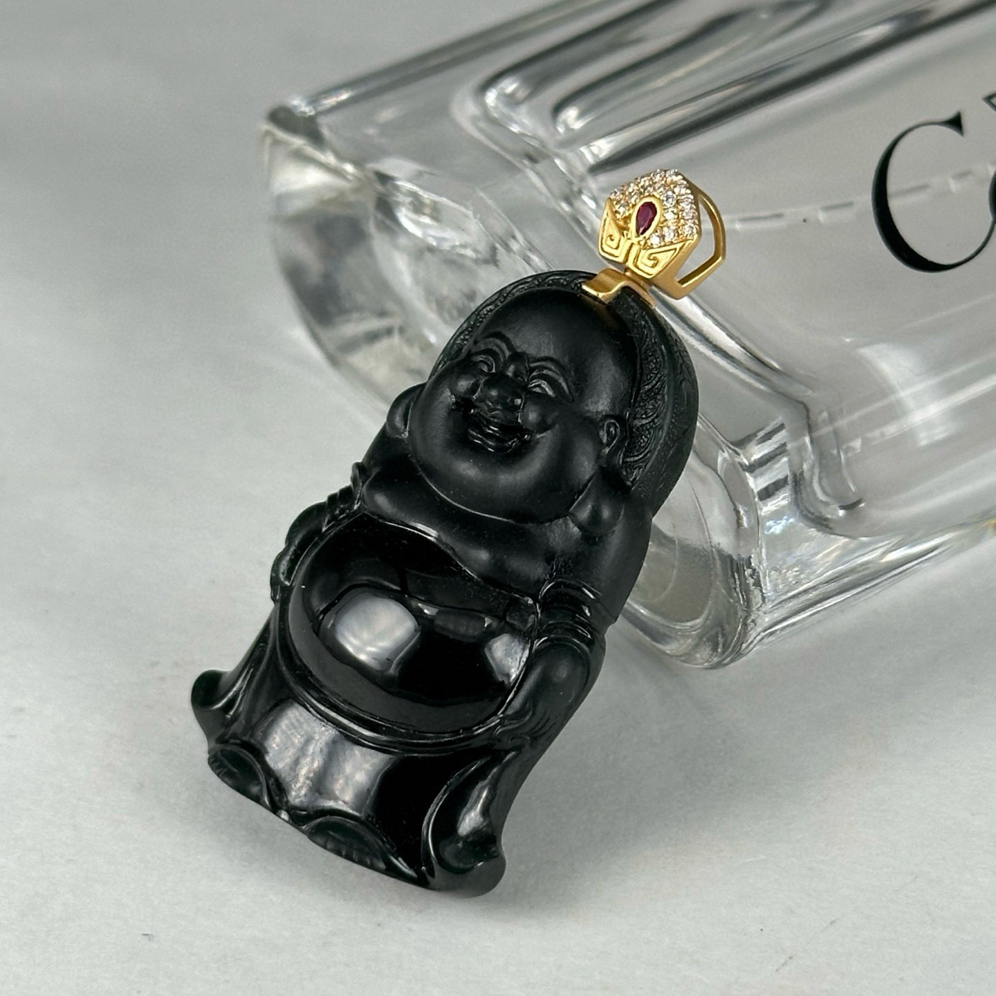 精品18k墨翠大肚站佛 种好色正 黑度好 打灯通透 油性十足