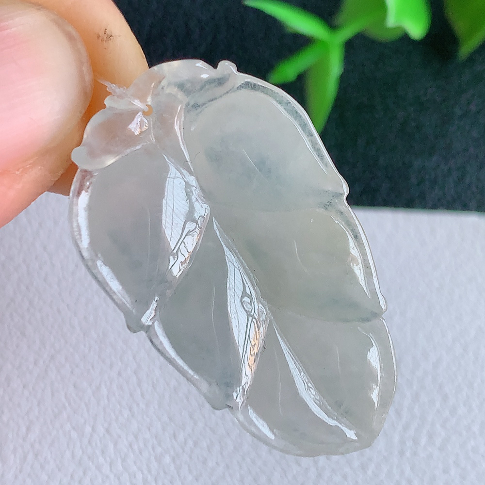 冰润金枝玉叶翡翠吊坠  老种起胶感  寓意“金枝玉叶，大业有成，一夜成名”  饱满大气，水润通透。W49.9   尺寸：33.5-20.5-5.3mm