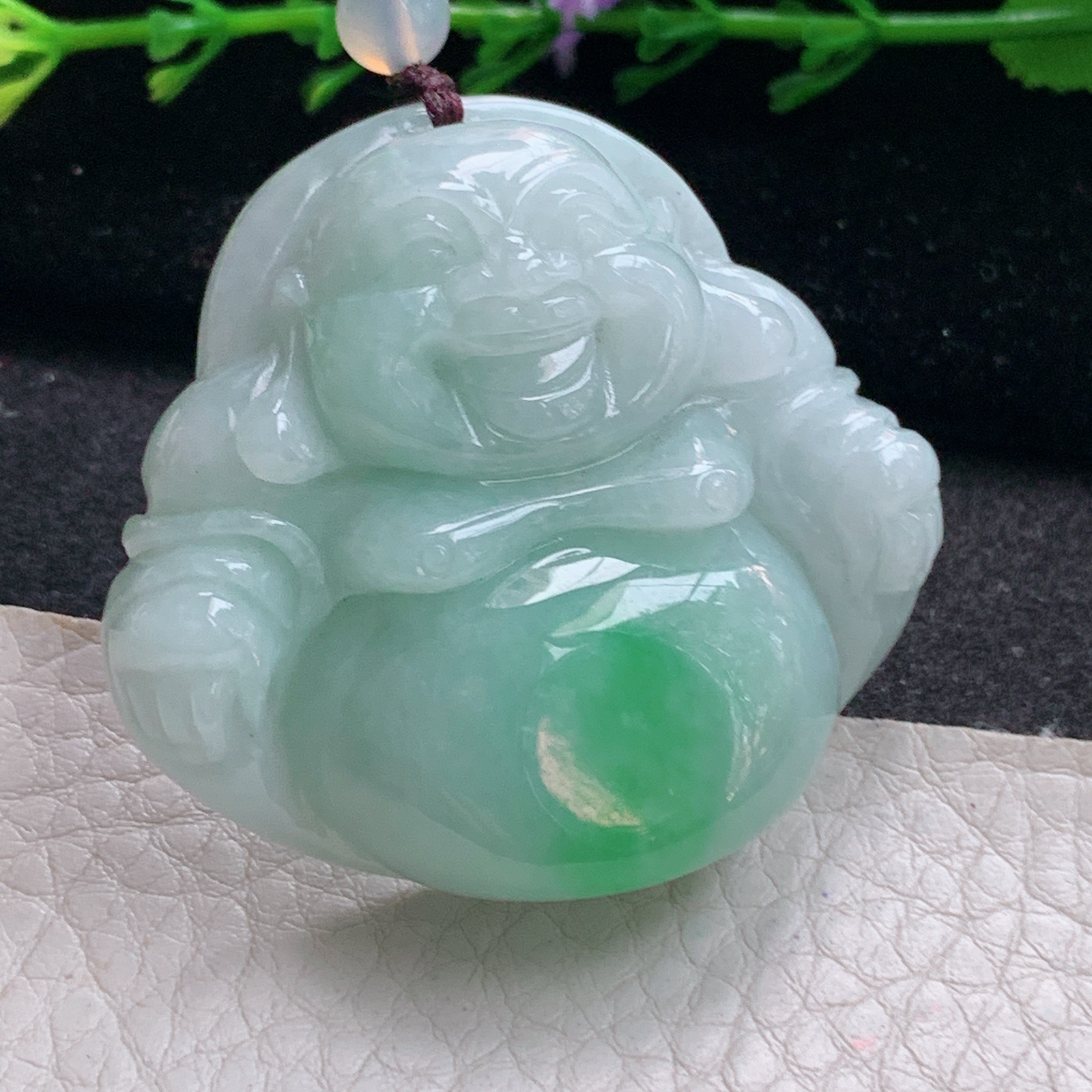 zen实拍43*46.8*13缅甸天然翡翠a货精雕飘绿佛公 弥勒佛玉项坠 玉挂件