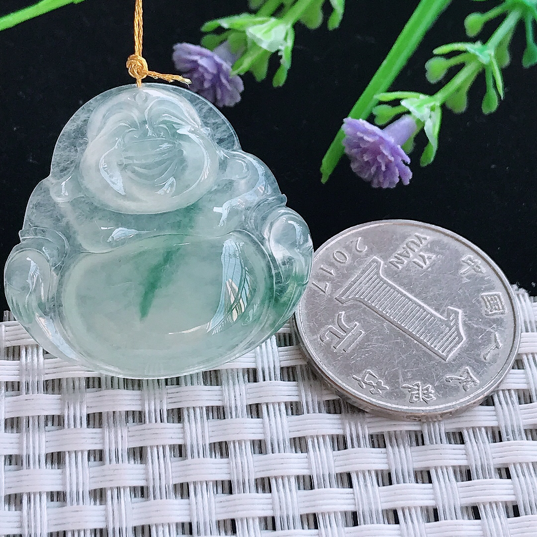 实拍A货翡翠31/32.6/6老坑冰种冰飘花佛公吊坠翡翠挂件