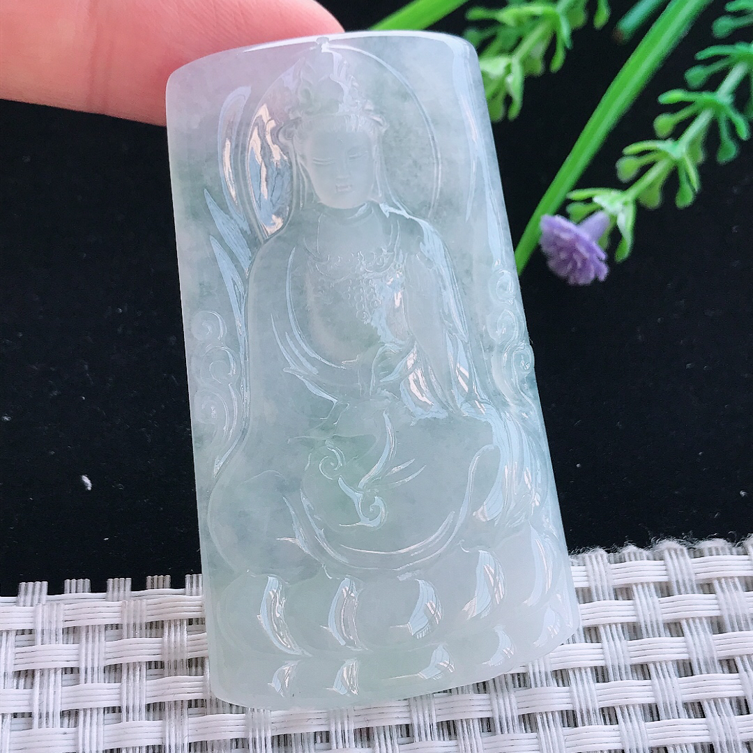 实拍A货翡翠64.5/38/5.6老坑冰透起胶观音菩萨吊坠玉观音挂件