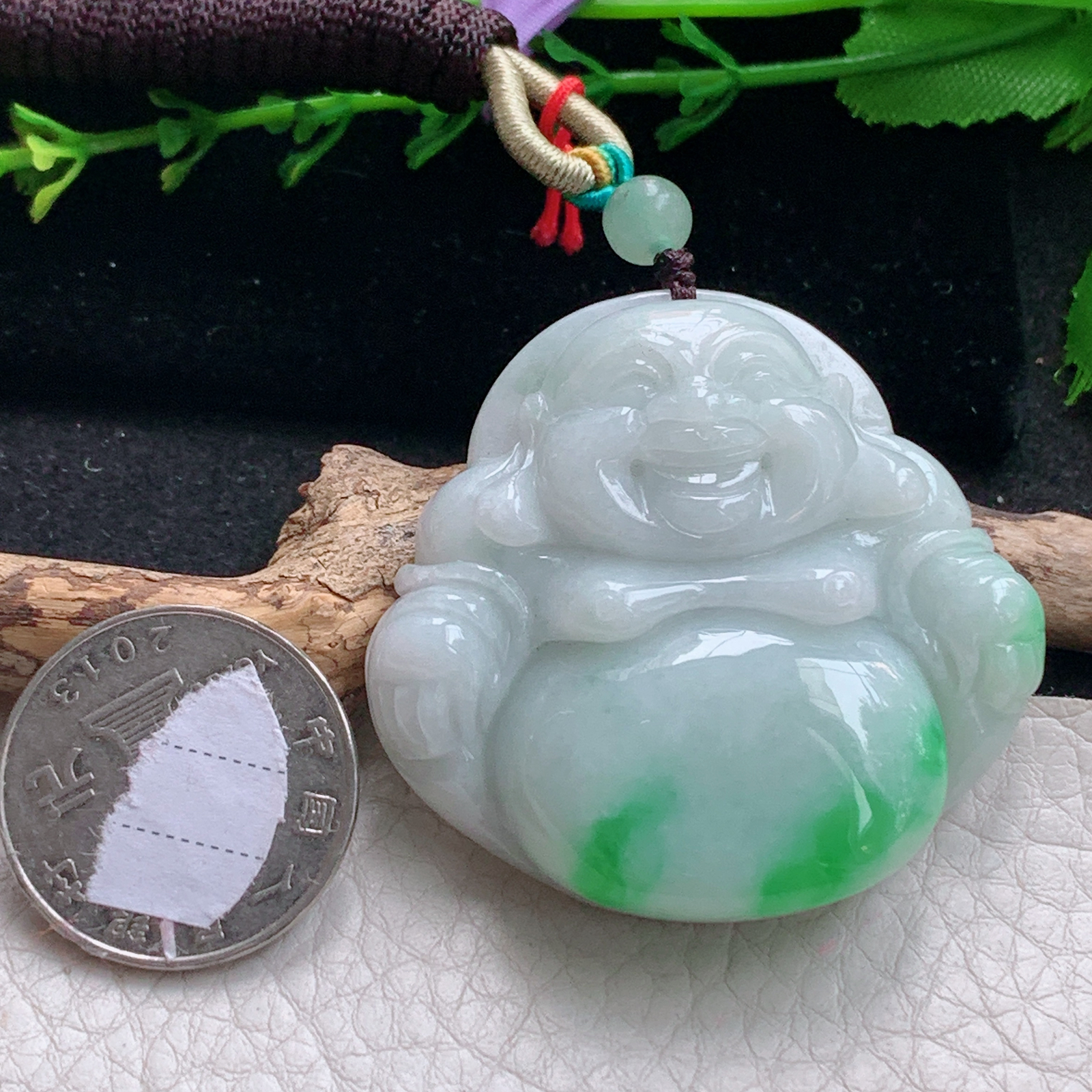 zen实拍46*48*12.5缅甸天然翡翠a货精雕白底青大佛公 弥勒佛玉项坠 玉挂件