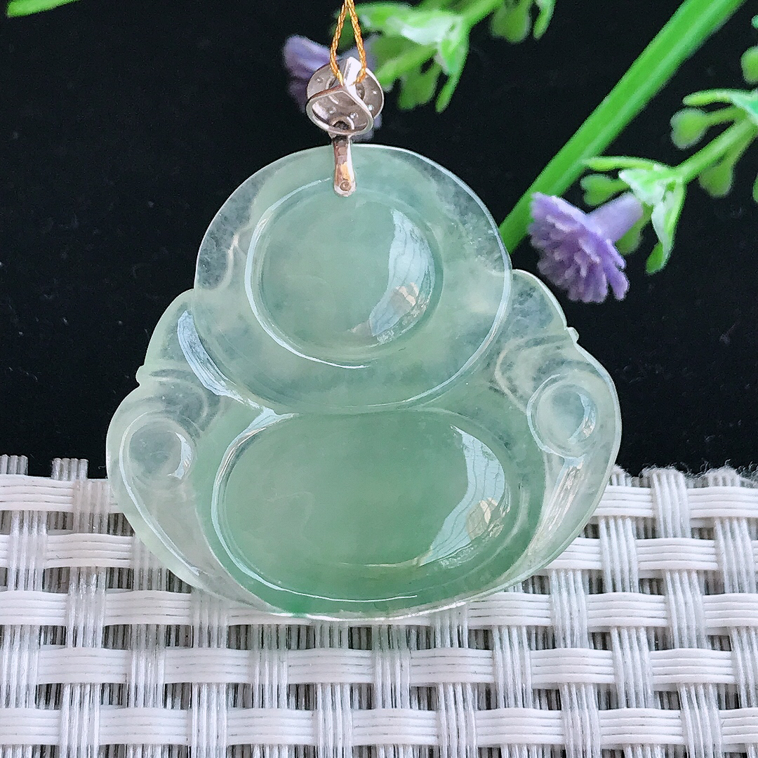 实拍A货翡翠32.2/34.8/6老坑18k金镶嵌冰种冰晴绿佛公吊坠翡翠玉佛挂件