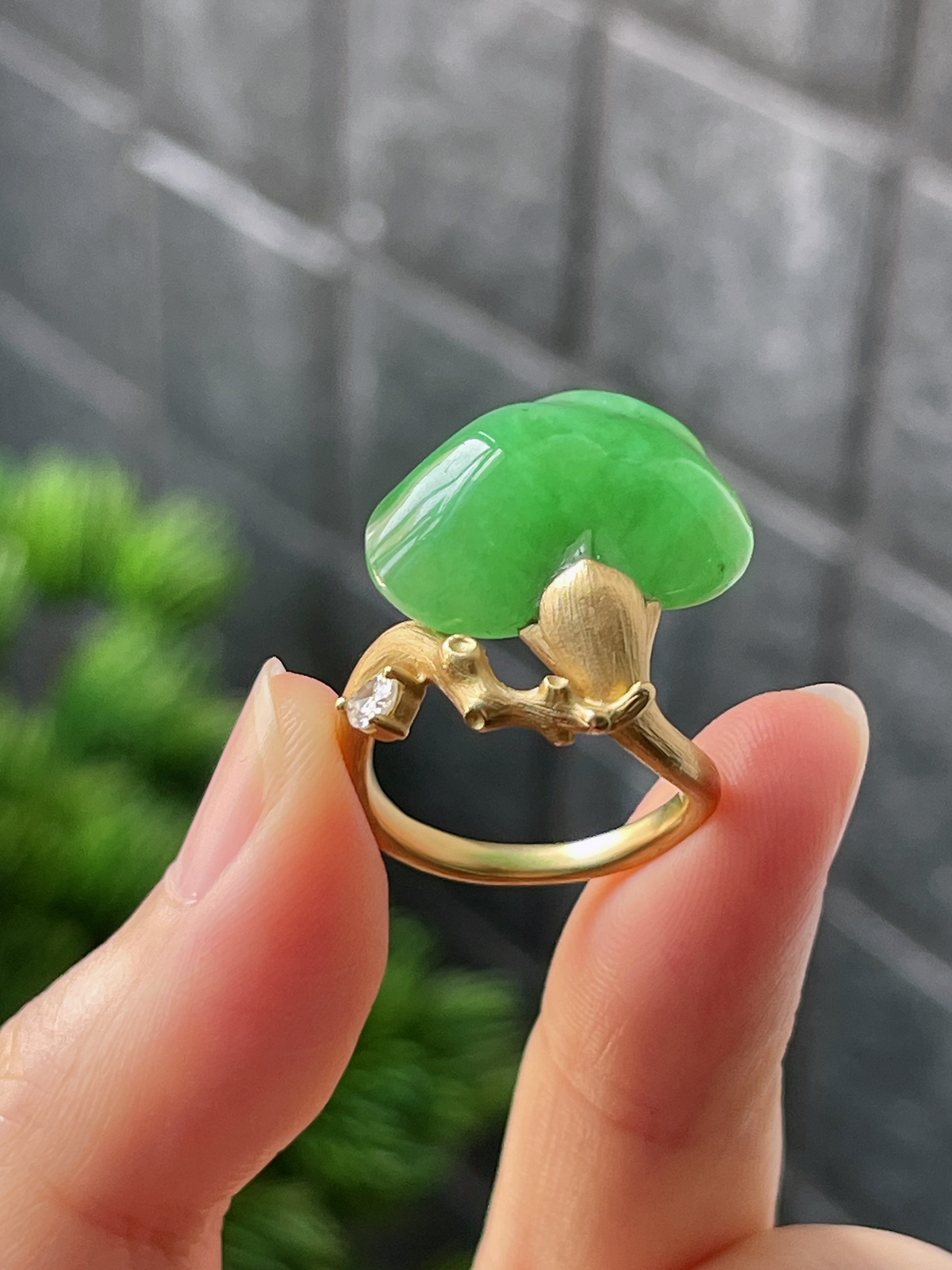 18k翡翠冰糯绿色一颗松特色戒指