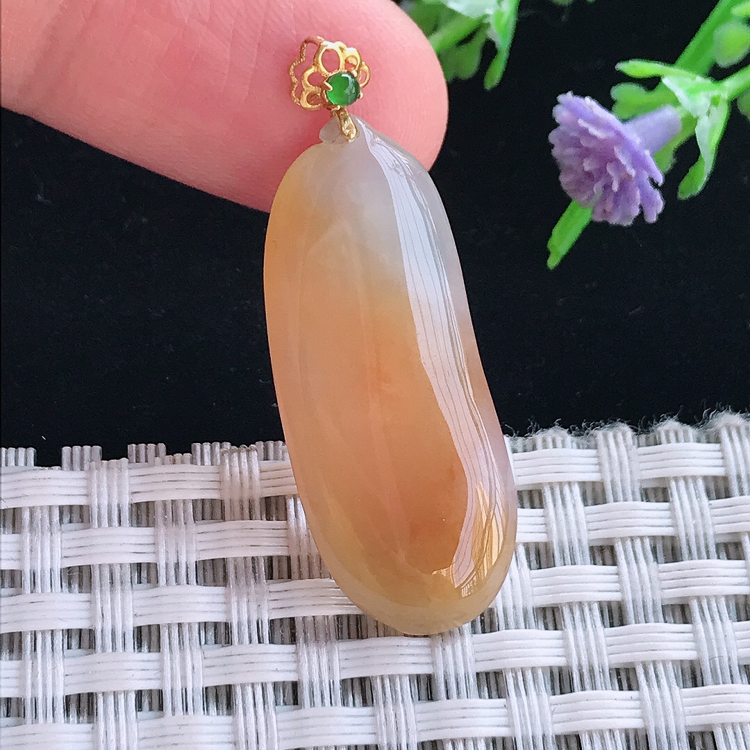 实拍A货翡翠32/13/4.5老坑18k金镶嵌冰润黄翡福瓜吊坠翡翠挂件