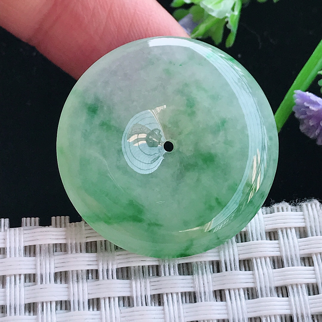 实拍A货翡翠30/5.8老坑冰胶果冻飘阳绿平安扣吊坠翡翠挂件