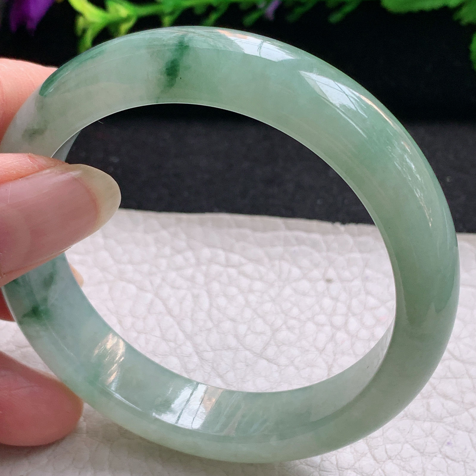 hh飘逸款55*13*8平安镯 缅甸翡翠a货玉手镯精美胶感冰飘花正圈玉手环