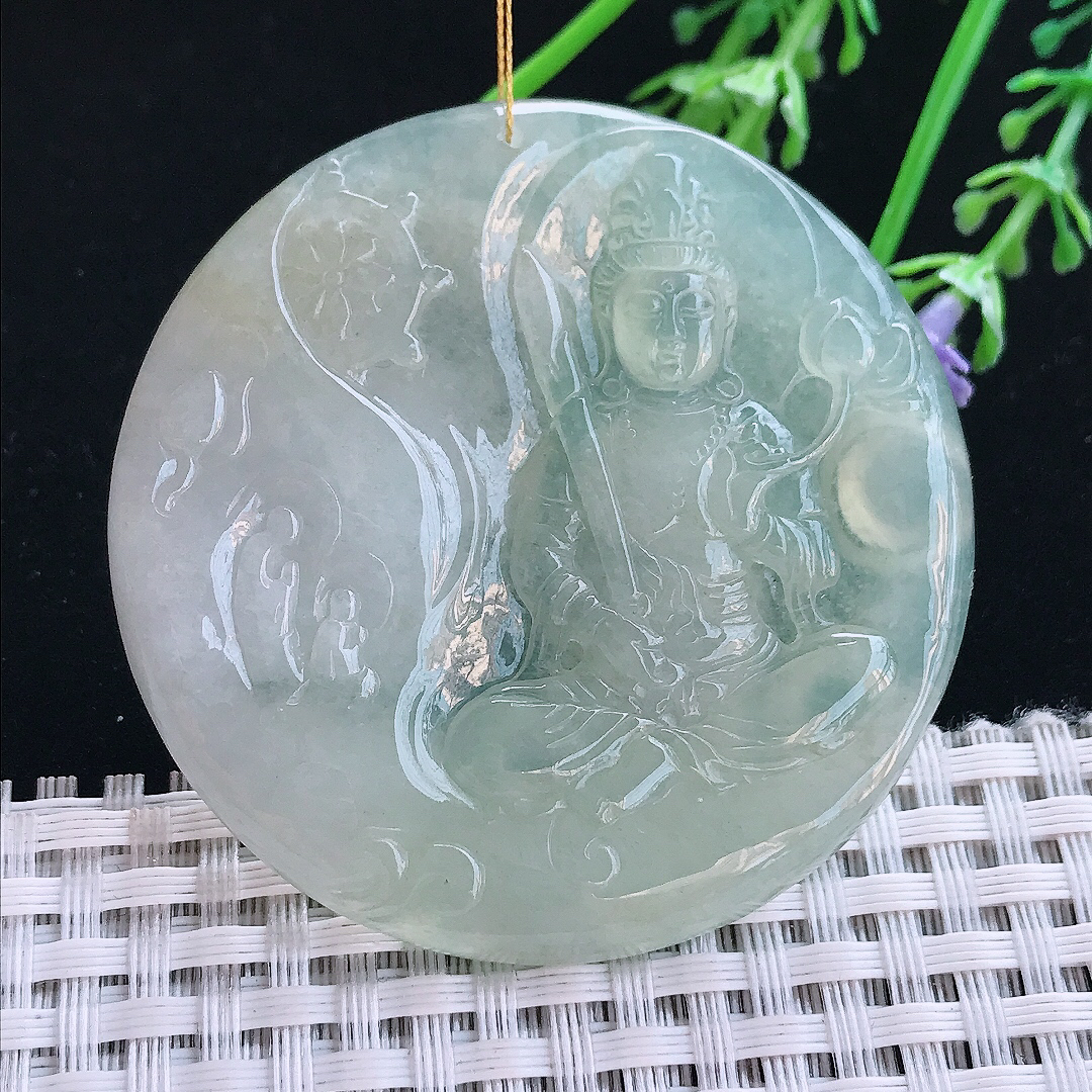 实拍A货翡翠53.6/5.3老坑冰润起胶冰晴虚空藏菩萨吊坠翡翠挂件