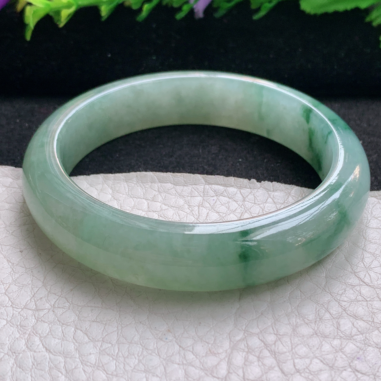 hh飘逸款55*13*8平安镯 缅甸翡翠a货玉手镯精美胶感冰飘花正圈玉手环