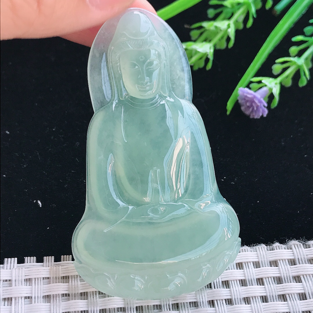 实拍A货翡翠66/39.5/5.5老坑冰种起胶冰晴甜绿素衣观音吊坠翡翠挂件