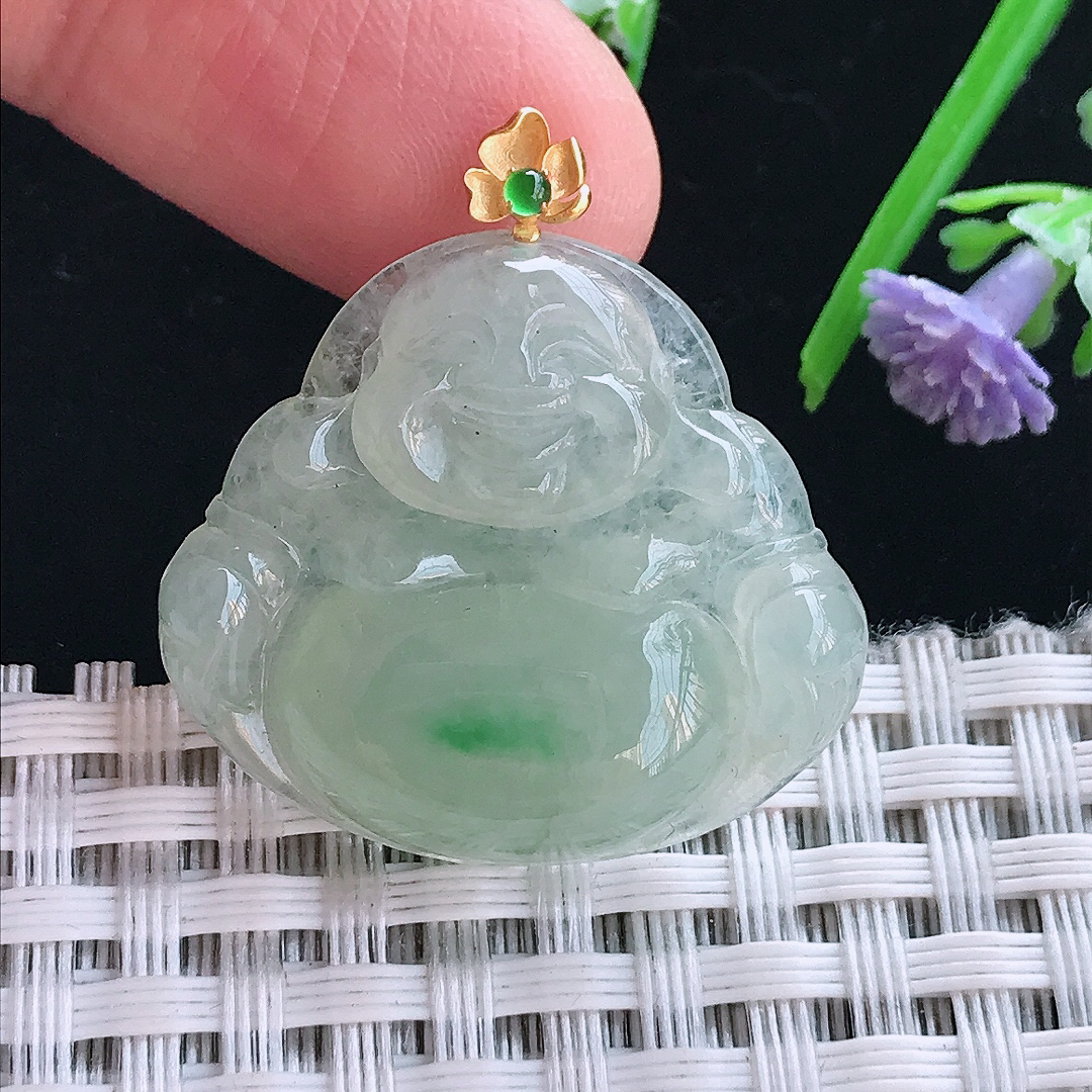 实拍A货翡翠25.8/28.6/5.5老坑18k金镶嵌冰晴飘绿佛公吊坠翡翠挂件