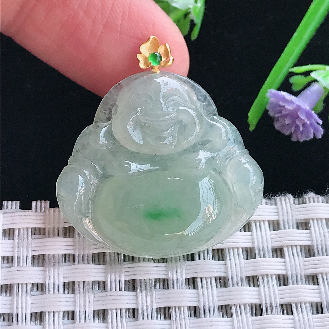 实拍A货翡翠25.8/28.6/5.5老坑18k金镶嵌冰晴飘绿佛公吊坠翡翠挂件