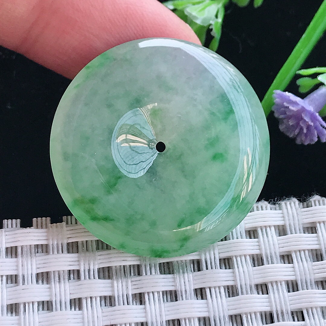 实拍A货翡翠30/5.8老坑冰胶果冻飘阳绿平安扣吊坠翡翠挂件