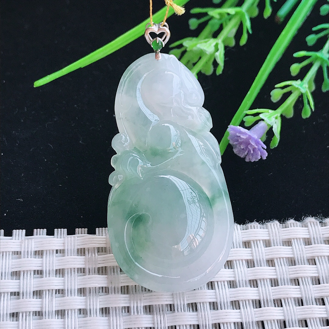 实拍A货翡翠47.5/24.5/6.9老坑18k金镶嵌冰飘花如意龙吊坠翡翠挂件