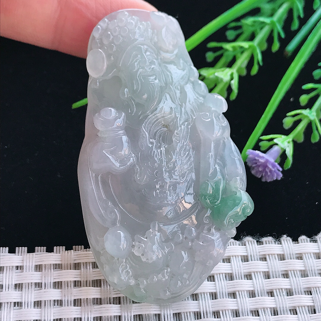 实拍A货翡翠65/36/9.5老坑冰胶特色财神爷吊坠翡翠挂件